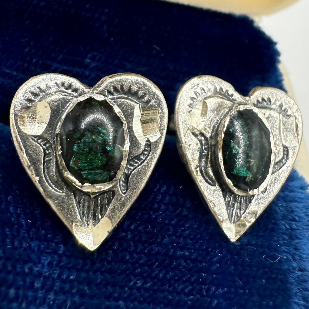 Vintage sterling silver handmade green resin cabochons hearts post earrings - Picture 3 of 8